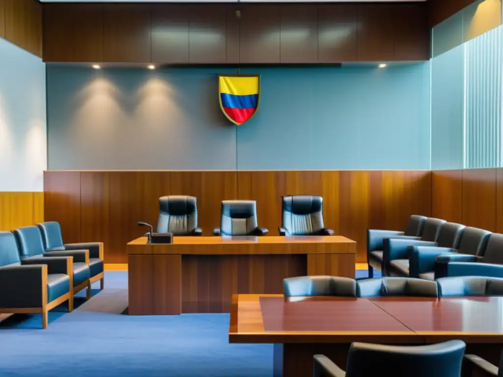 Sala de audiencias colombiana: autoridad y profesionalismo Vista detallada de una moderna sala de tribunal en Colombia, con profesionales discutiendo