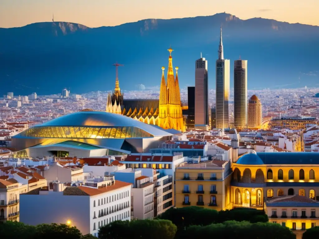 Horizonte financiero de España: modernidad y oportunidad Vista detallada y moderna del skyline español, con la Sagrada Familia y Puerta del Sol