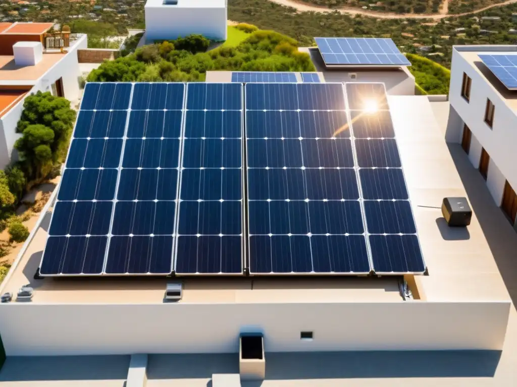 Instalación solar residencial en México: tecnología sostenible y paisaje Una vista detallada de paneles solares modernos en un techo residencial en México