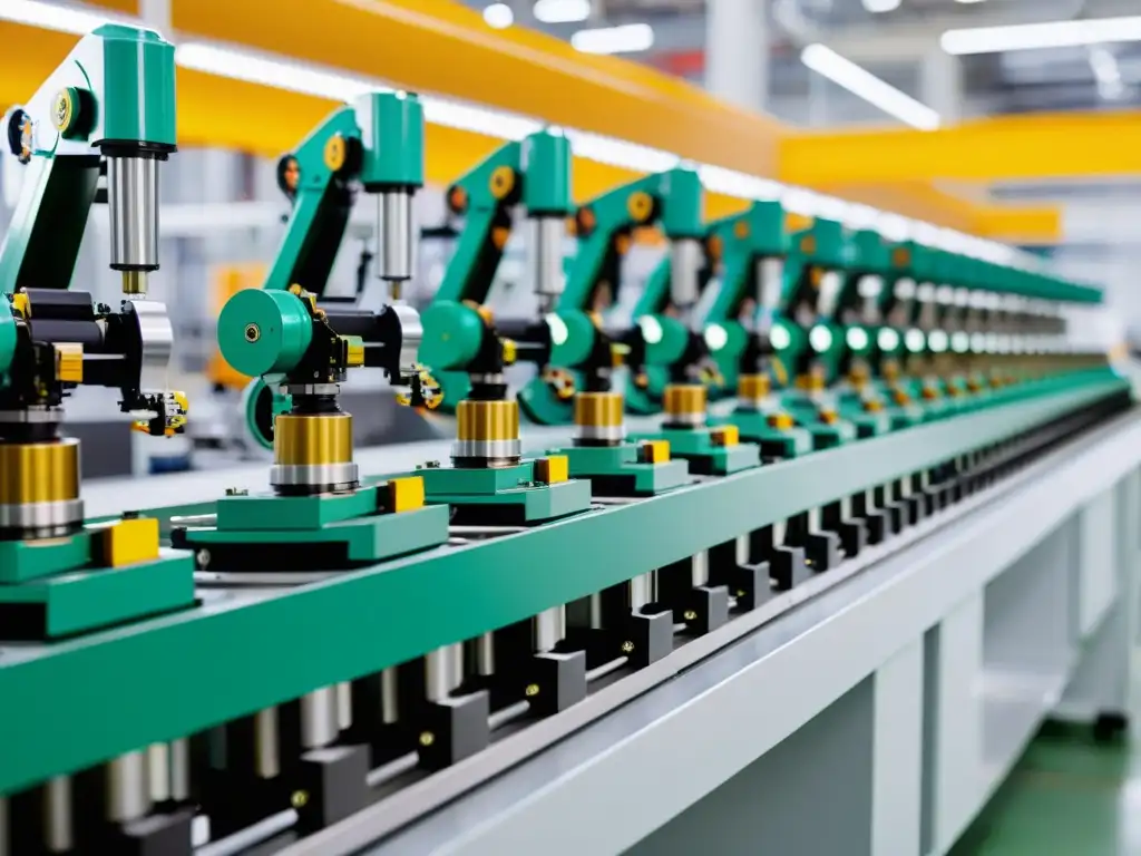 Avanzada tecnología en planta de fabricación mexicana Vista detallada de planta manufacturera moderna en México, con robots ensamblando componentes electrónicos