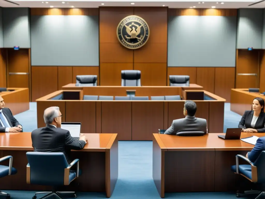 Debate legal sobre leyes fiscales en un tribunal moderno Vista detallada de una sala de tribunal moderna, con abogados y un juez discutiendo medidas de prevención de fraude fiscal ley