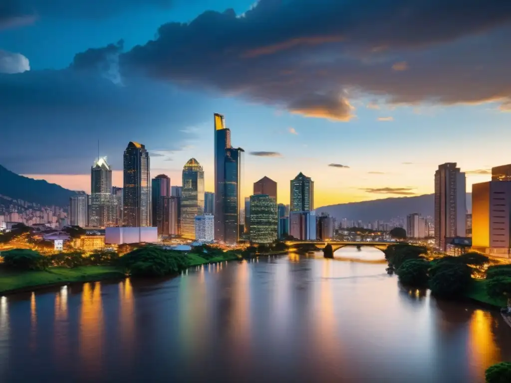 Espléndido atardecer sobre el horizonte moderno de Colombia en 8k Vista detallada en 8k del skyline moderno de Colombia al atardecer, con rascacielos icónicos iluminados y reflejados en el río, mostrando la actividad económica que se relaciona con Retención en la Fuente Colombia