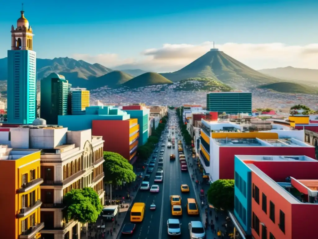 Vibrante ciudad de México: modernidad y tradición Vista detallada de la vibrante ciudad de México, con rascacielos modernos y arquitectura histórica, reflejando la energía y crecimiento económico