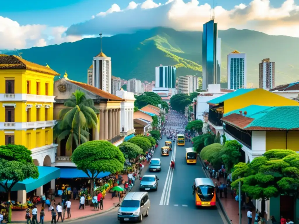 Contraste urbano colombiano: impacto económico y diversidad Vista dinámica de ciudad colombiana: rascacielos modernos, arquitectura colonial, mercados callejeros y vegetación exuberante