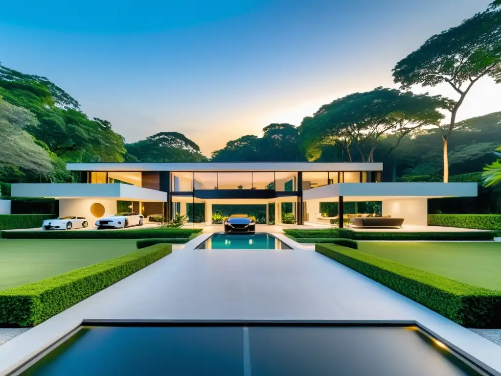 Residencia de lujo con diseño minimalista y expansivos terrenos Vista de una elegante finca moderna con amplios jardines y diseño arquitectónico minimalista