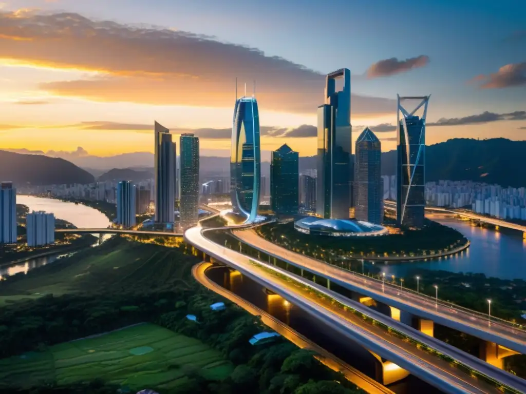 Horizonte futurista al atardecer: impacto fiscal en Colombia Vista futurista de la ciudad al atardecer, con rascacielos de vidrio reflejando la luz dorada y una red de carreteras iluminadas