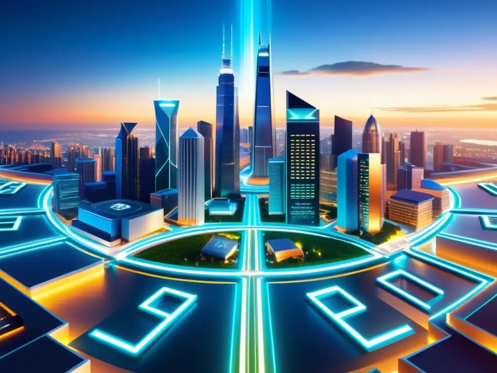 Cityscape educativa digital: fusión educación y fiscalidad en la era online Vista futurista de una ciudad digital educativa con símbolos financieros, representando la fiscalidad en la economía digital