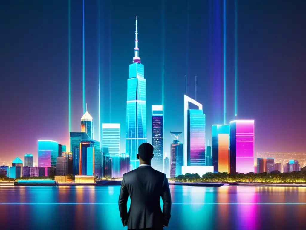 Horizonte futurista: integración tecnológica y financiera en la ciudad Vista futurista de la ciudad con gráficos financieros holográficos, mostrando la integración de tecnología y finanzas