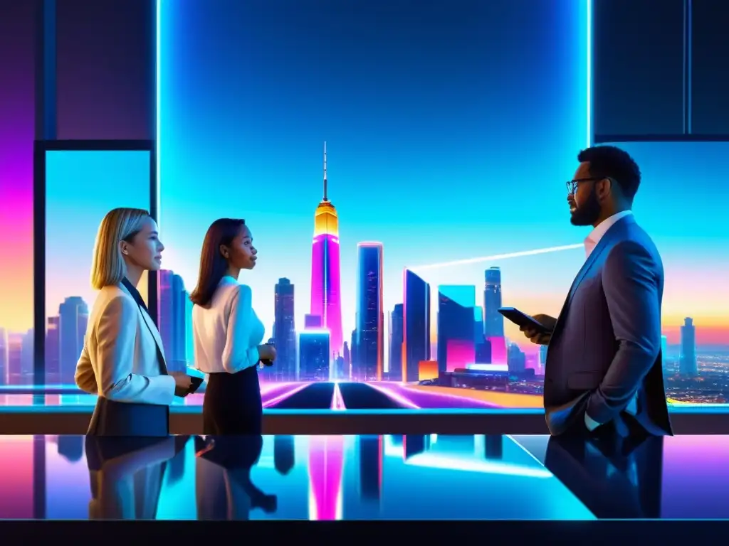 Skyline futurista de Colombia: revolución fiscal Vista futurista de la ciudad con rascacielos de vidrio reflejando luces de neón