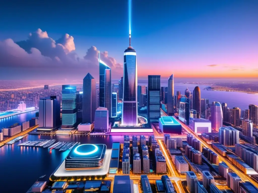 Metrópolis futurista: innovación y tecnología AI en gestión fiscal Vista futurista de una ciudad con rascacielos de vidrio y drones controlados por IA en gestión tributaria