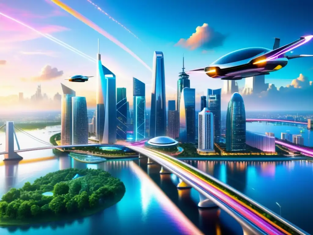 Metrópolis futurista: avance tecnológico y naturaleza en armonía Vista futurista de la ciudad con rascacielos interconectados por puentes brillantes y vehículos voladores