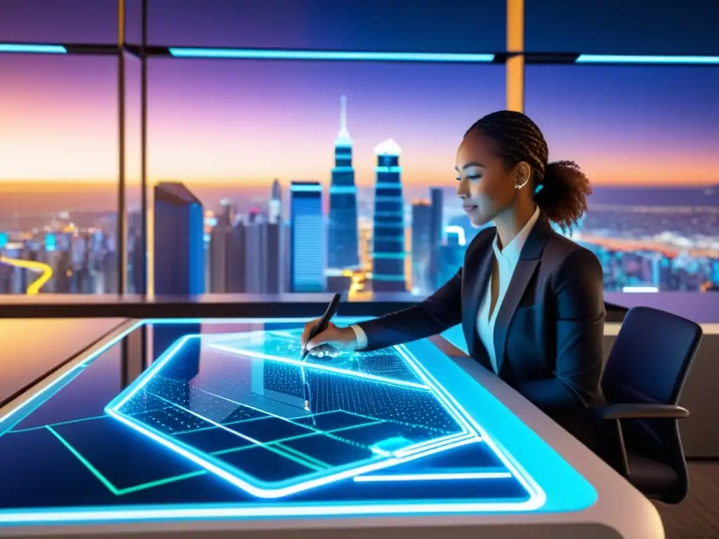 Smart Tax Management en la Ciudad Futurista Vista futurista de la ciudad con sistemas de gestión tributaria basados en inteligencia artificial en tiempo real, colaboración en oficina de alta tecnología y visualización de datos avanzada