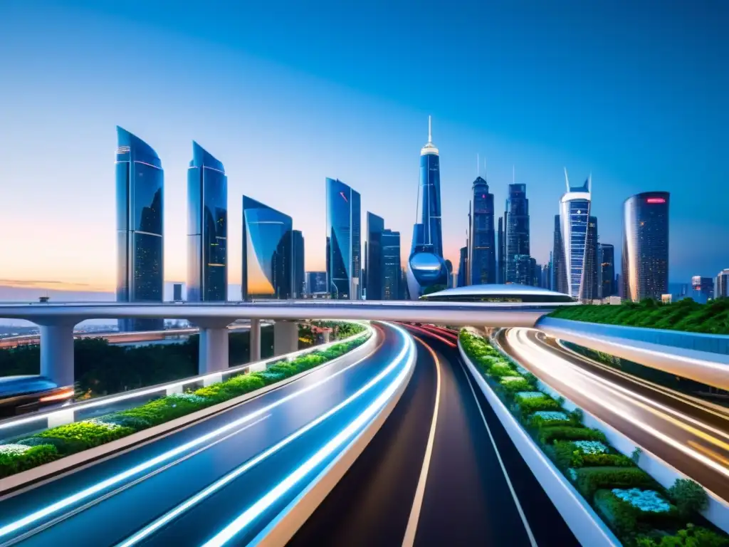 Metrópolis futurista: vehículos ecológicos en paisaje urbano innovador Vista futurista de la ciudad con vehículos de inversión fiscal 2023 circulando en elevadas vías iluminadas al anochecer