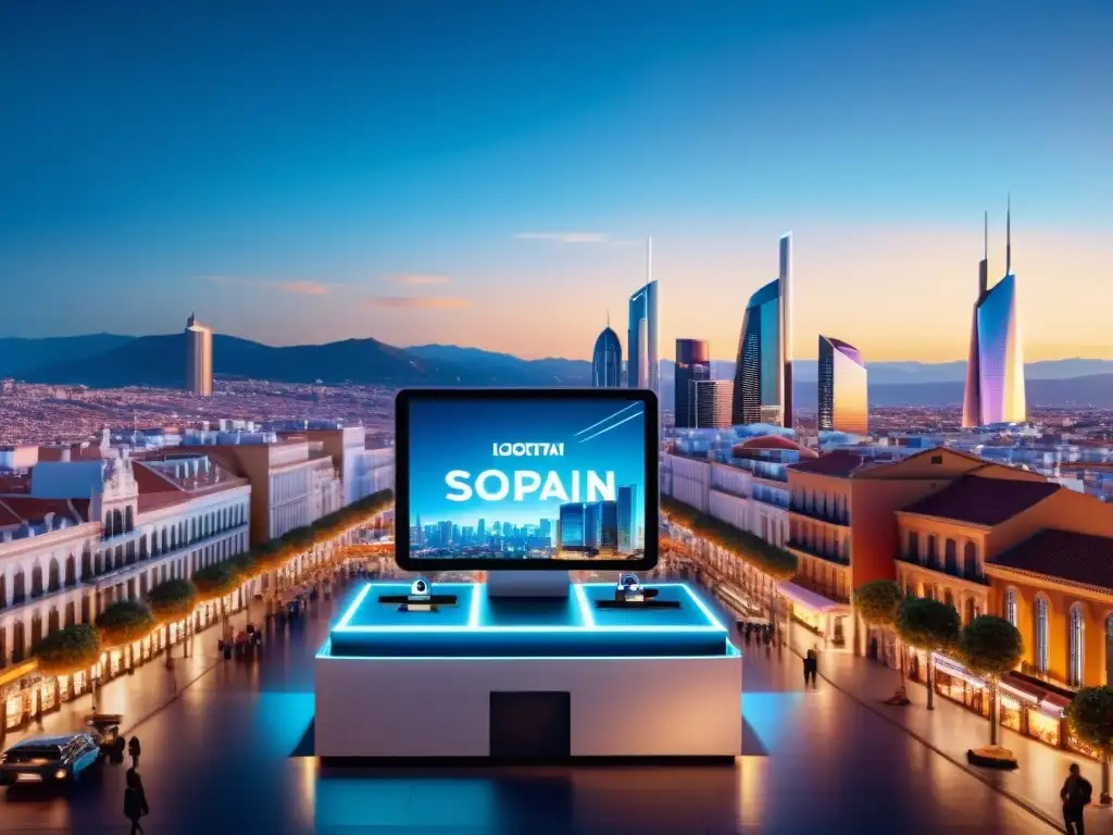 Futuro del ecommerce y tendencias de digitalización en España Vista futurista de mercado digital con hologramas, drones y sistemas de pago, reflejando tendencias en fiscalidad digital y ecommerce en España