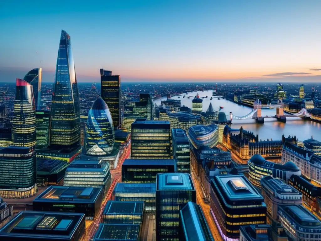 Distrito financiero de Londres en 8k: Tradición e innovación en Brexit Vista impactante del distrito financiero de Londres en 8k, reflejando la influencia de la ciudad en el contexto del Brexit y la tributación internacional