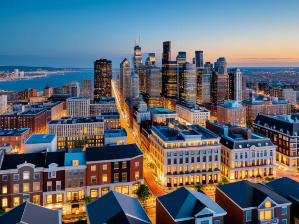Espectacular paisaje urbano al atardecer: luces y arquitectura moderna Vista impresionante de la ciudad al anochecer, con propiedades comerciales y residenciales