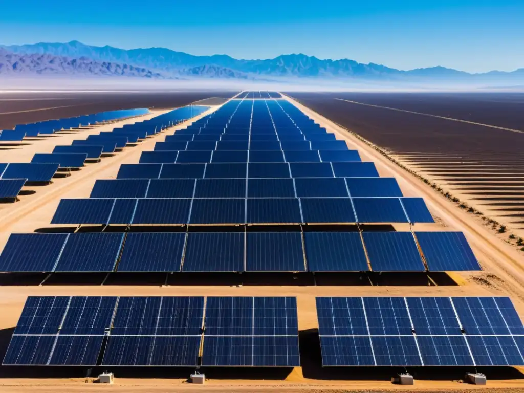 Granja solar reluciente en el desierto mexicano Vista impresionante de una granja solar en el desierto mexicano, con paneles relucientes bajo el cielo azul