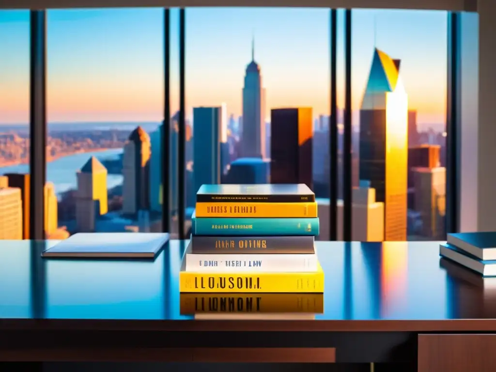 Abogacía moderna en la ciudad Una vista impresionante de libros de derecho modernos en un escritorio elegante con la ciudad de fondo