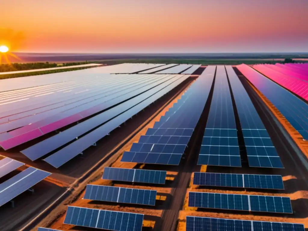 Amanecer en planta solar: innovación sostenible Vista impresionante de una moderna planta solar al amanecer, con paneles solares limpios y brillantes en un paisaje armonioso