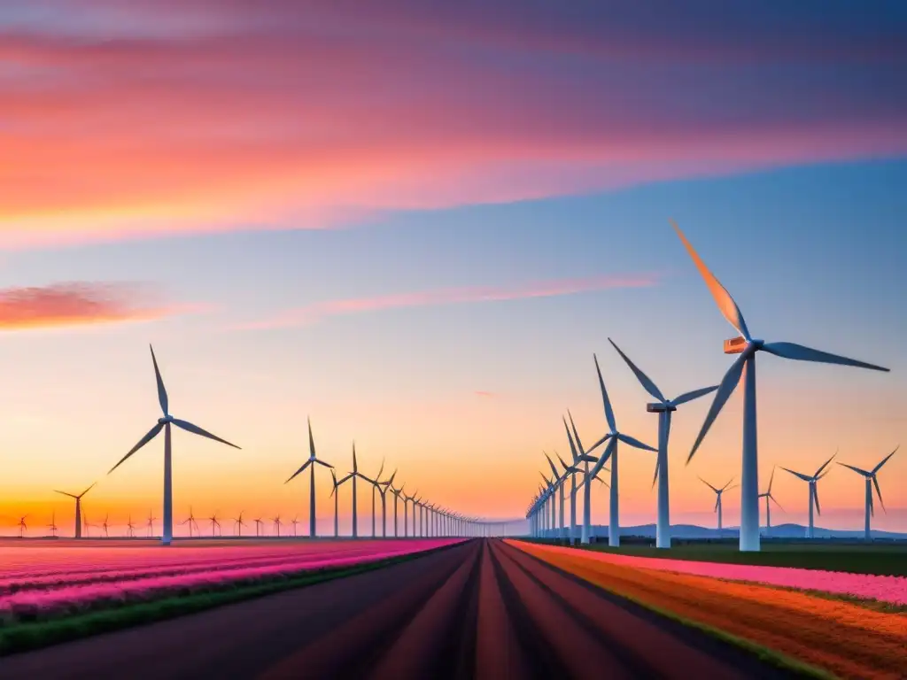 Parque eólico al atardecer: innovación y belleza Vista impresionante de un moderno parque eólico al atardecer, con turbinas blancas formando filas en el horizonte