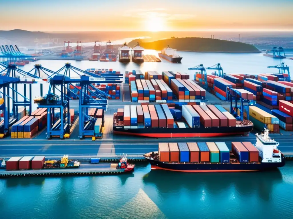 Puerto Comercial Internacional: Escala Global & Riesgos Vista impresionante del puerto comercial internacional con barcos, grúas y contenedores, resaltando la importancia de la guía gestión riesgos fiscales comercio internacional para empresas mexicanas