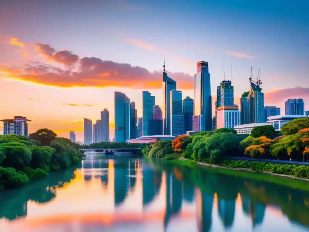 Horizonte urbano lujoso al atardecer: inversión inmobiliaria Vista lujosa de la ciudad al atardecer, con rascacielos de vidrio reflejando el cálido cielo anaranjado