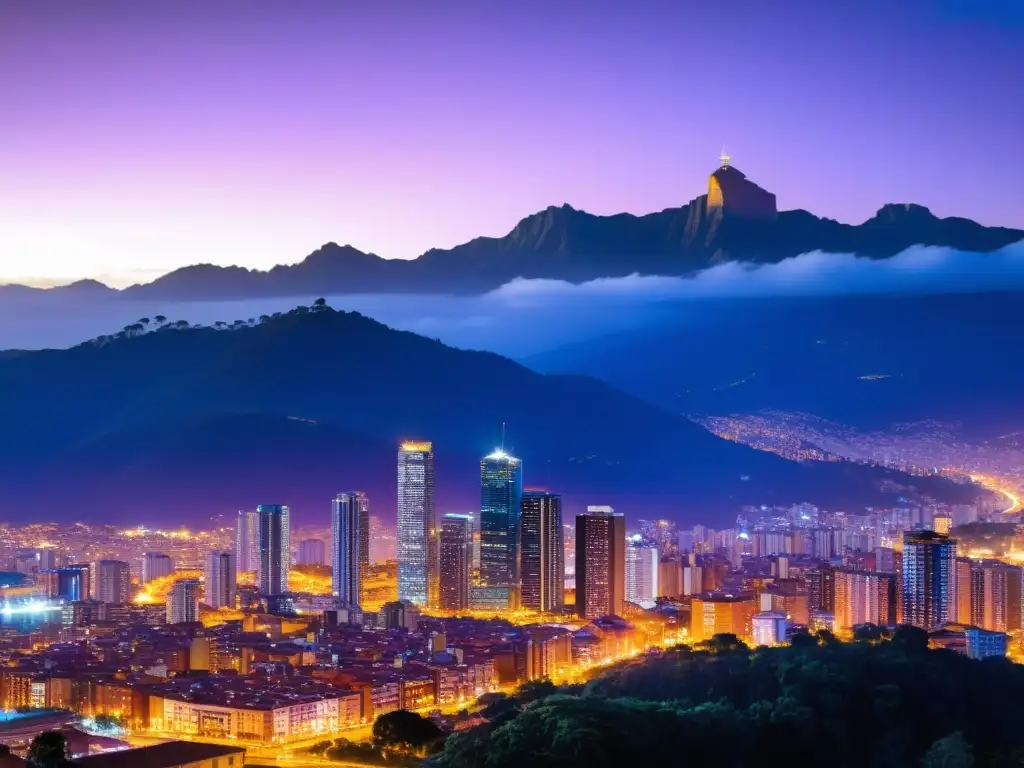 Horizonte dorado: atardecer en el distrito financiero de Bogotá Vista moderna de Bogotá al atardecer, con los rascacielos bañados por la cálida luz dorada