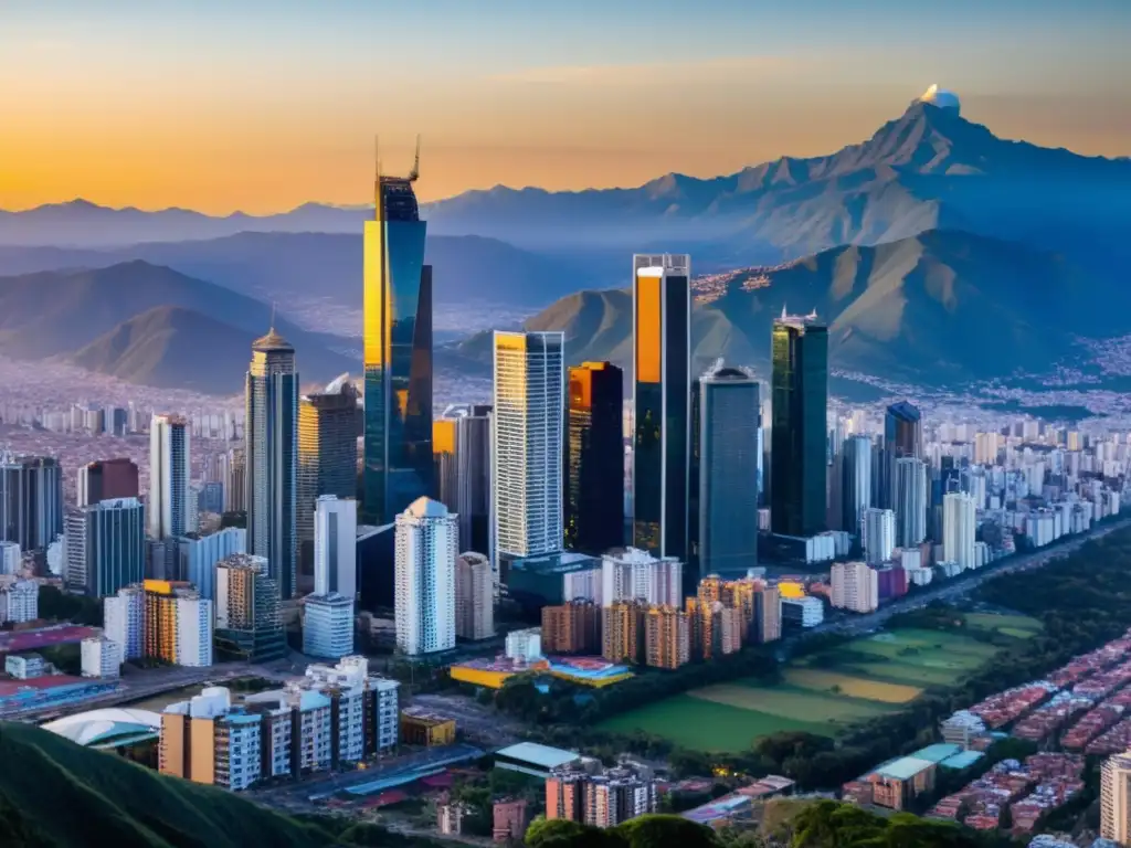 Esplendor urbano: atardecer en el skyline de Colombia Vista moderna del atardecer en Bogotá con los rascacielos icónicos y la cordillera de los Andes al fondo, tributación no residentes Colombia