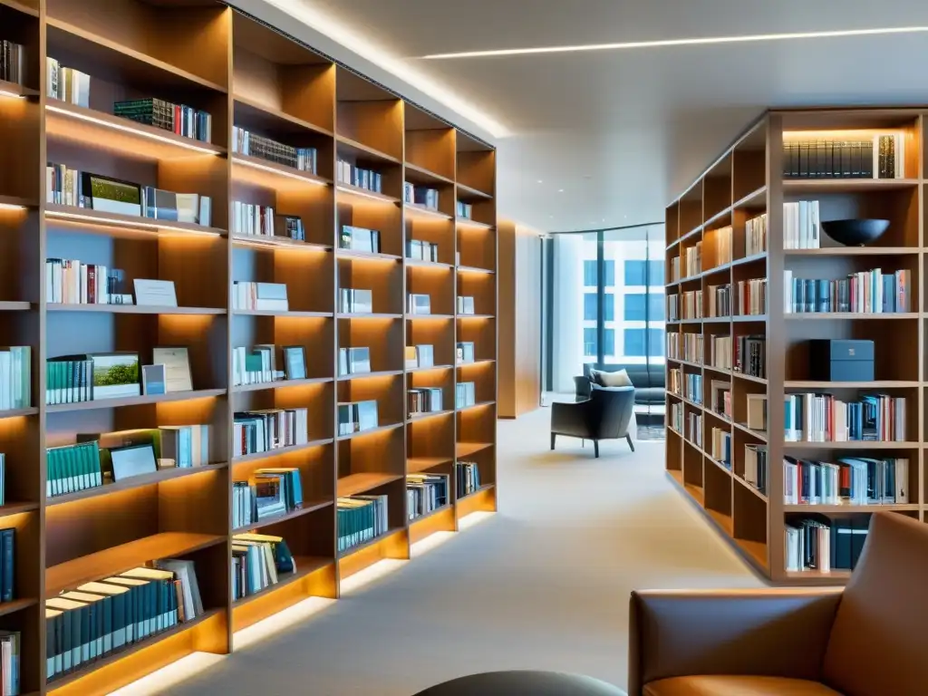 Biblioteca jurídica moderna: fusión digital y tradicional Vista moderna de una biblioteca de derecho tributario con ediciones digitales en ambiente tecnológico