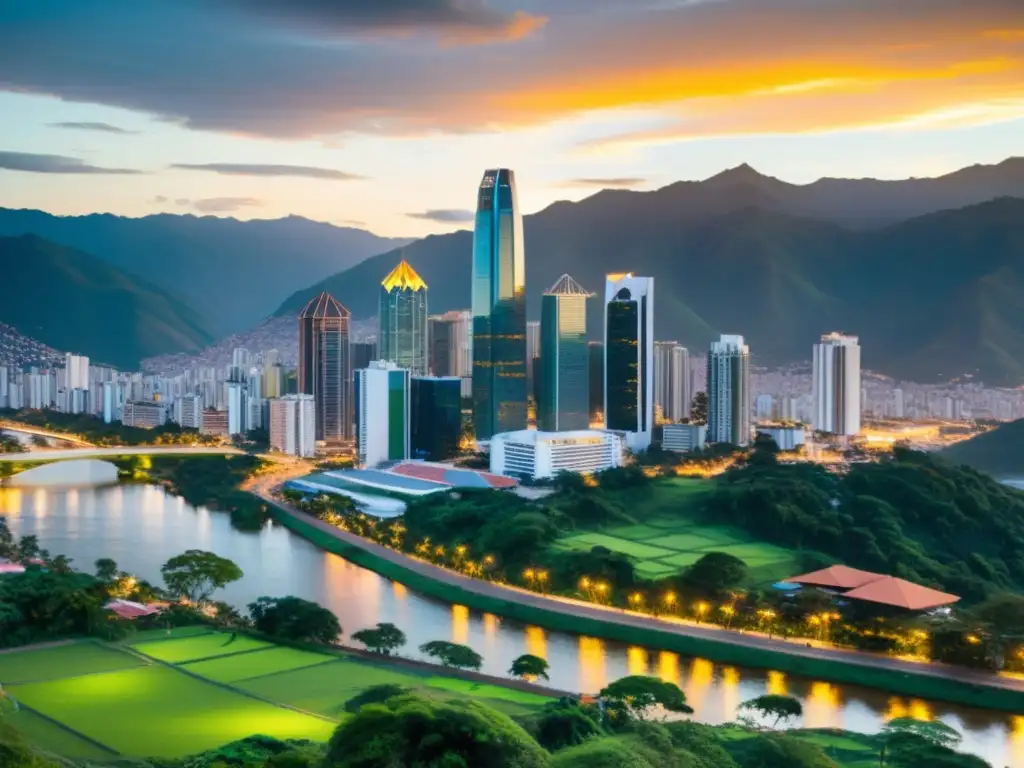 Horizonte moderno de Colombia: fusión digital y tradicional 'Vista moderna de la ciudad de Colombia con rascacielos y montañas verdes, reflejados en un río
