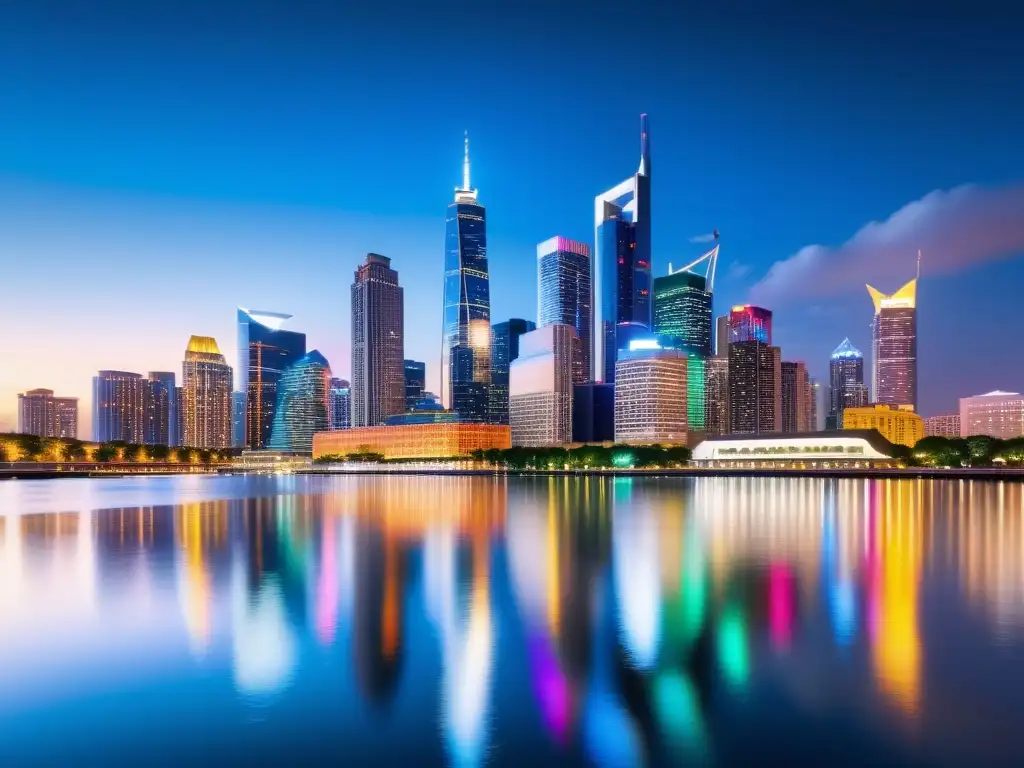 Skyline nocturno: luces vibrantes y reflejos Vista nocturna de la ciudad financiera con luces vibrantes reflejadas en el agua