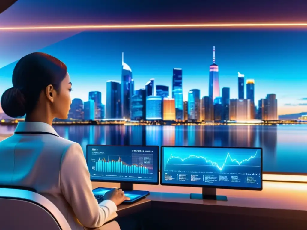 Cityscape futurista con IA para planificación fiscal Vista nocturna de la ciudad futurista con hologramas de formularios fiscales y gráficos financieros, mostrando la integración de la Inteligencia Artificial en Planificación Fiscal