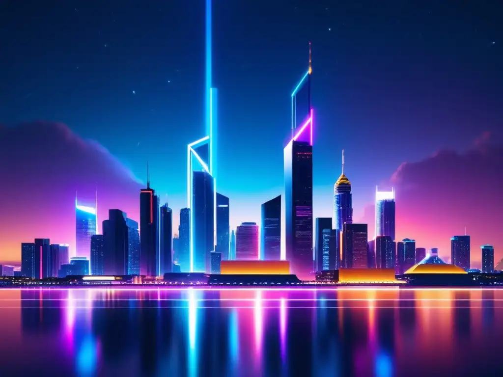 Horizonte futurista y fiscal: Ciudad cyberpunk nocturna Vista nocturna de una ciudad futurista con rascacielos iluminados reflejando luces de neón, conectada por líneas hightech