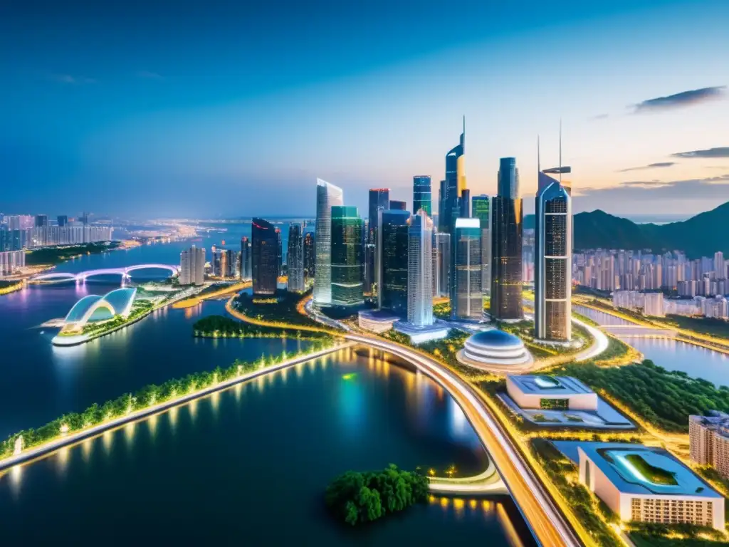 Metrópolis futurista: luces, arquitectura y naturaleza Vista nocturna de una ciudad futurista con rascacielos iluminados y una red de carreteras brillantes, rodeada de naturaleza