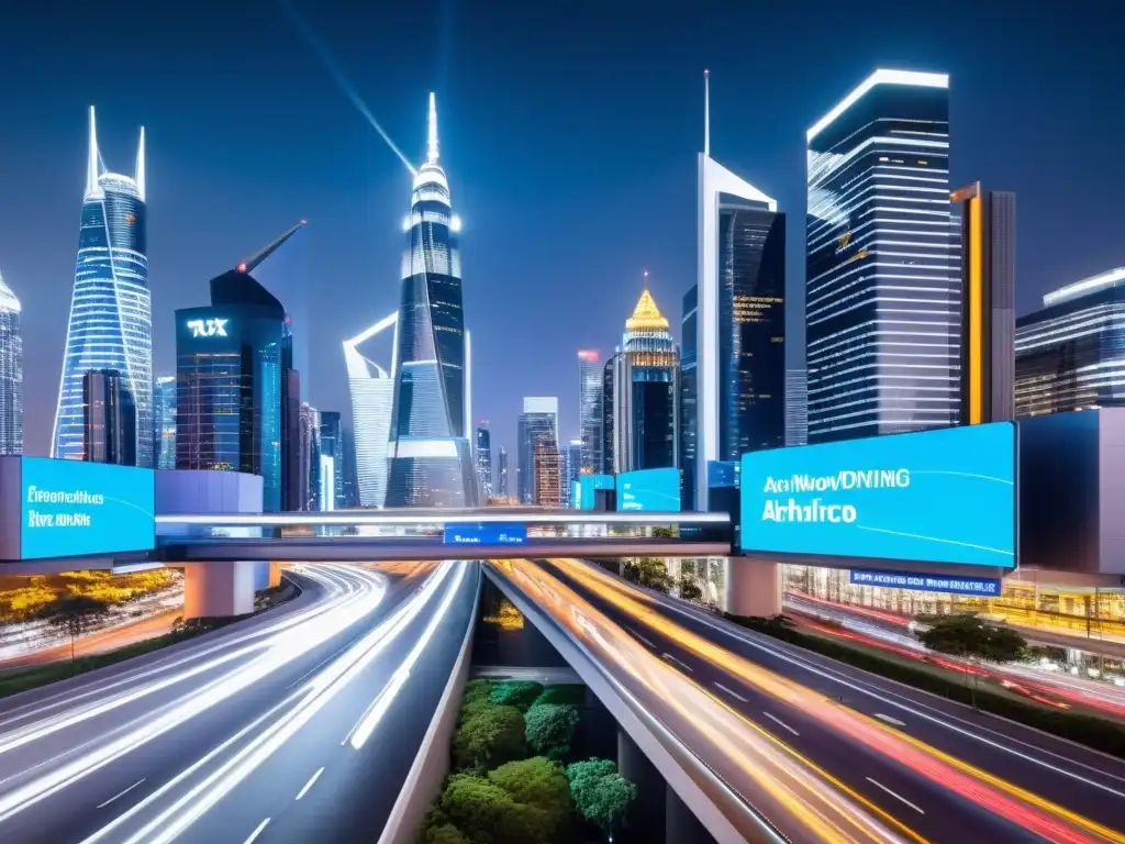 Metrópolis futurista: IA gestión de impuestos Vista nocturna de una ciudad futurista con rascacielos iluminados y autos autónomos