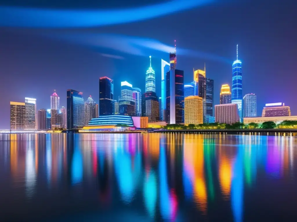 Espectacular skyline nocturno: simetría y progreso en la gestión fiscal Vista nocturna de una ciudad moderna con rascacielos iluminados por luces de neón, reflejados en el río