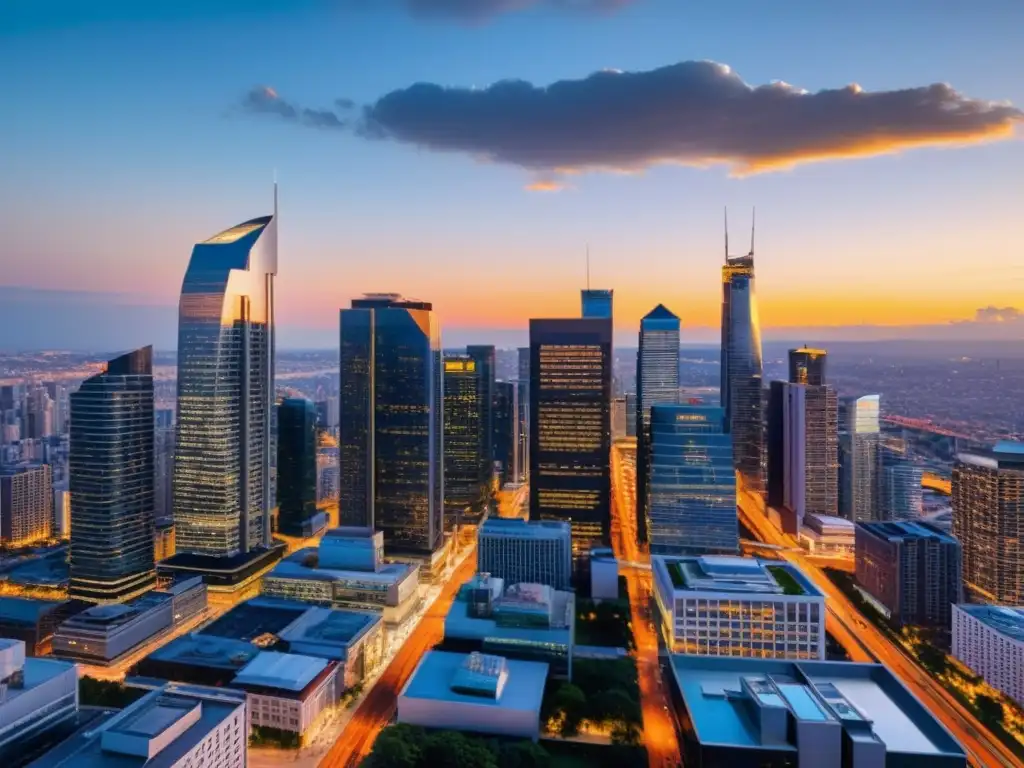 Horizonte urbano: modernos rascacielos al atardecer Vista nocturna de la ciudad con rascacielos iluminados, reflejando la vida urbana moderna y los Desafíos del Derecho Tributario Europeo