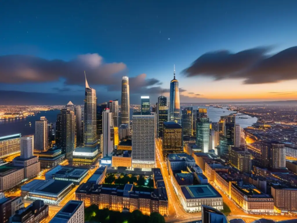 Brillante ciudad nocturna: skyline y luces reflejadas Vista nocturna de la ciudad con rascacielos iluminados y reflejos en el río, evocando energía y sofisticación en consecuencias evasión elusión fiscal industrias