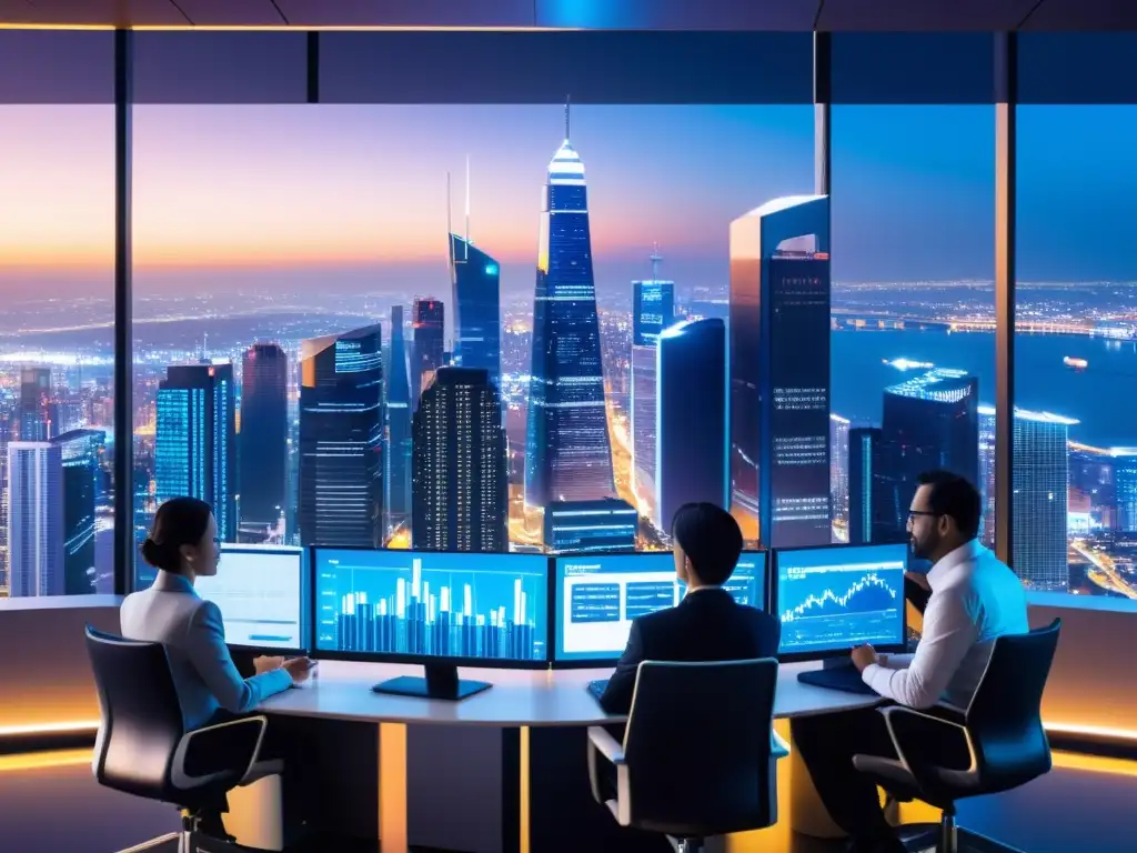 Ciudad futurista: Economía digital y legislación Vista nocturna de la futurista ciudad, con rascacielos iluminados y pantallas digitales mostrando datos financieros