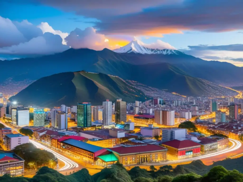 Bogotá al atardecer: luces urbanas y montañas andinas Vista nocturna de Bogotá, Colombia, con luces de la ciudad iluminando el horizonte y los Andes de fondo