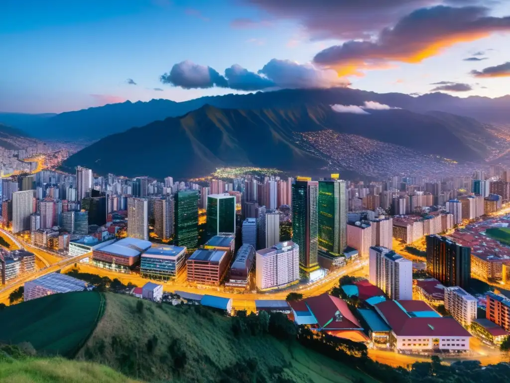 Espectacular skyline de Bogotá al atardecer Vista panorámica aérea de Bogotá al atardecer, con modernos rascacielos iluminados y luces centelleantes, con montañas de fondo