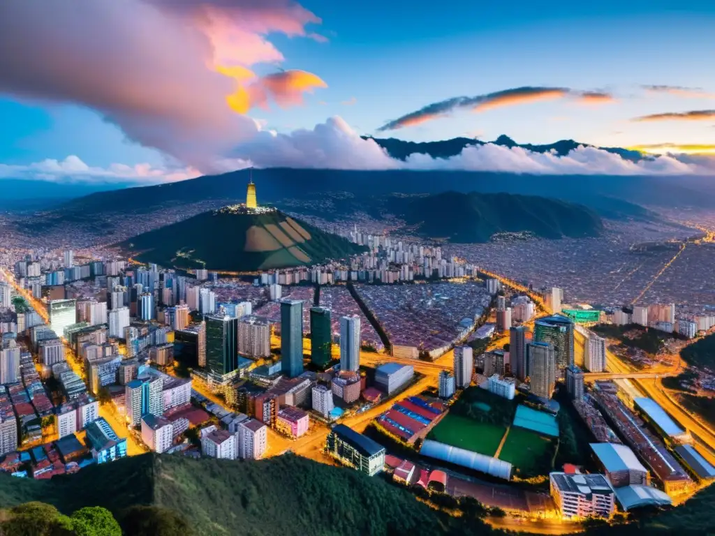 Bogotá al atardecer: luces urbanas en el horizonte Vista panorámica aérea de Bogotá, Colombia al atardecer, con luces de la ciudad iluminando el paisaje urbano