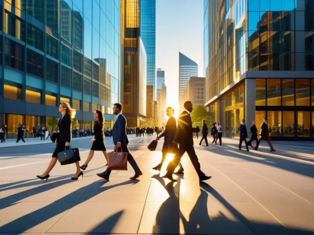Atardecer urbano: oficinas modernas y profesionales en acción Vista panorámica de una animada calle de la ciudad con modernos edificios de oficinas y trabajadores profesionales