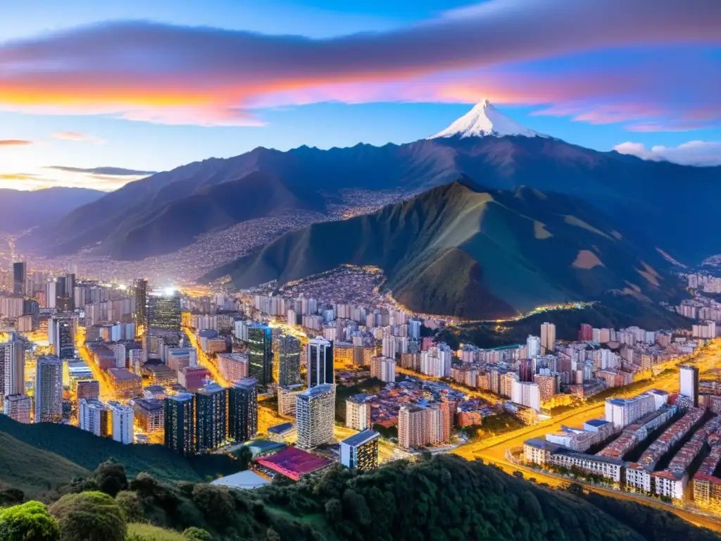 Atardecer sobre el skyline de Bogotá, Colombia Vista panorámica de Bogotá al atardecer con los Andes al fondo, reflejando Tratados de Doble Imposición Colombia
