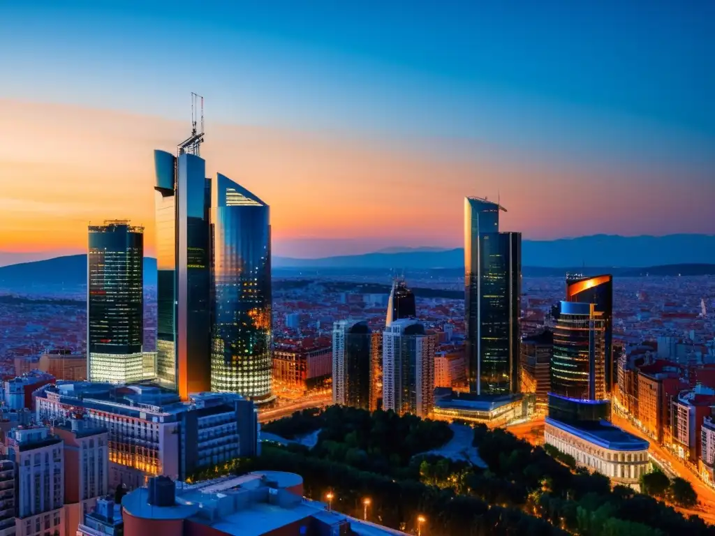 Horizonte de Madrid: Modernidad y Elegancia al Anochecer Vista panorámica de Madrid al atardecer, con imponentes rascacielos iluminados y la icónica Cuatro Torres Business Area