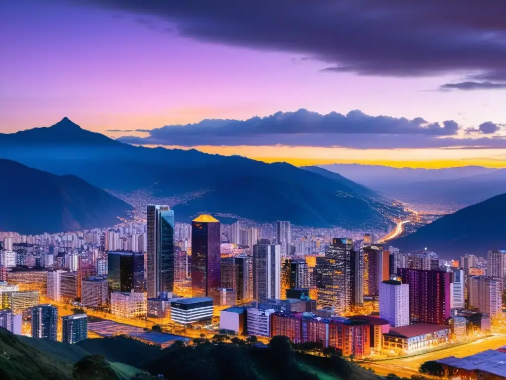 Panorama nocturno de Bogotá: luces urbanas y montañas Vista panorámica de Bogotá al atardecer, con luces de la ciudad y montañas al fondo