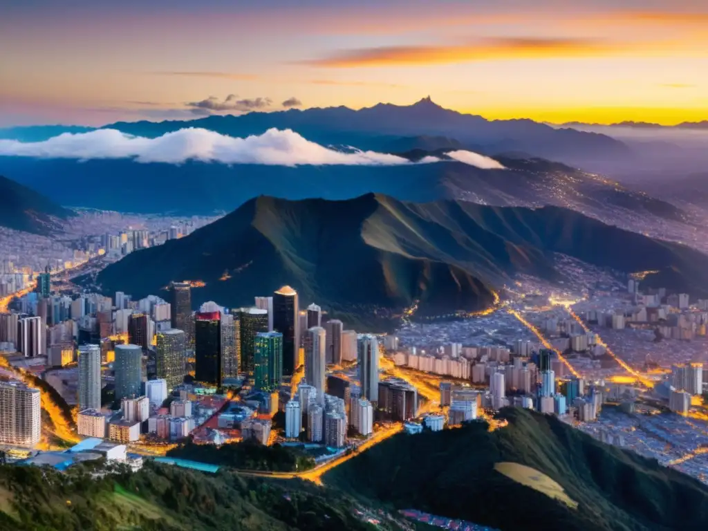 Panorámica del atardecer en Bogotá: luces de la ciudad y montañas Vista panorámica de Bogotá al atardecer, con luces de la ciudad y montañas de fondo