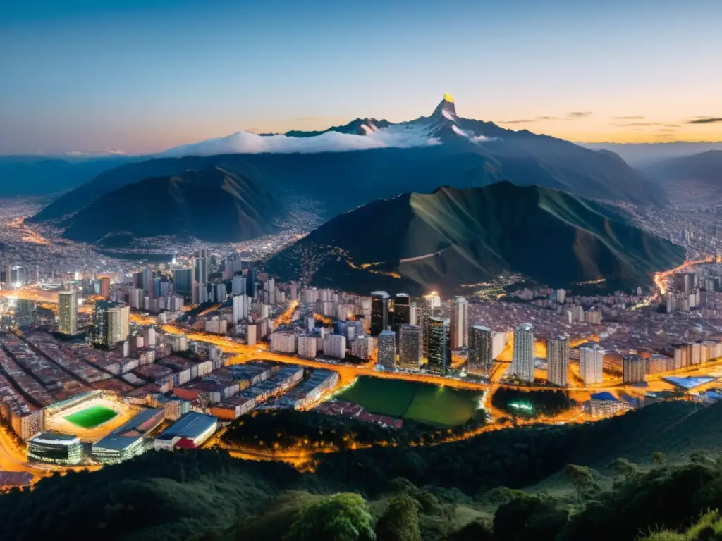 Panorama de Bogotá al atardecer: luces de la ciudad y montañas Vista panorámica del atardecer en Bogotá, con luces de la ciudad y los Andes al fondo