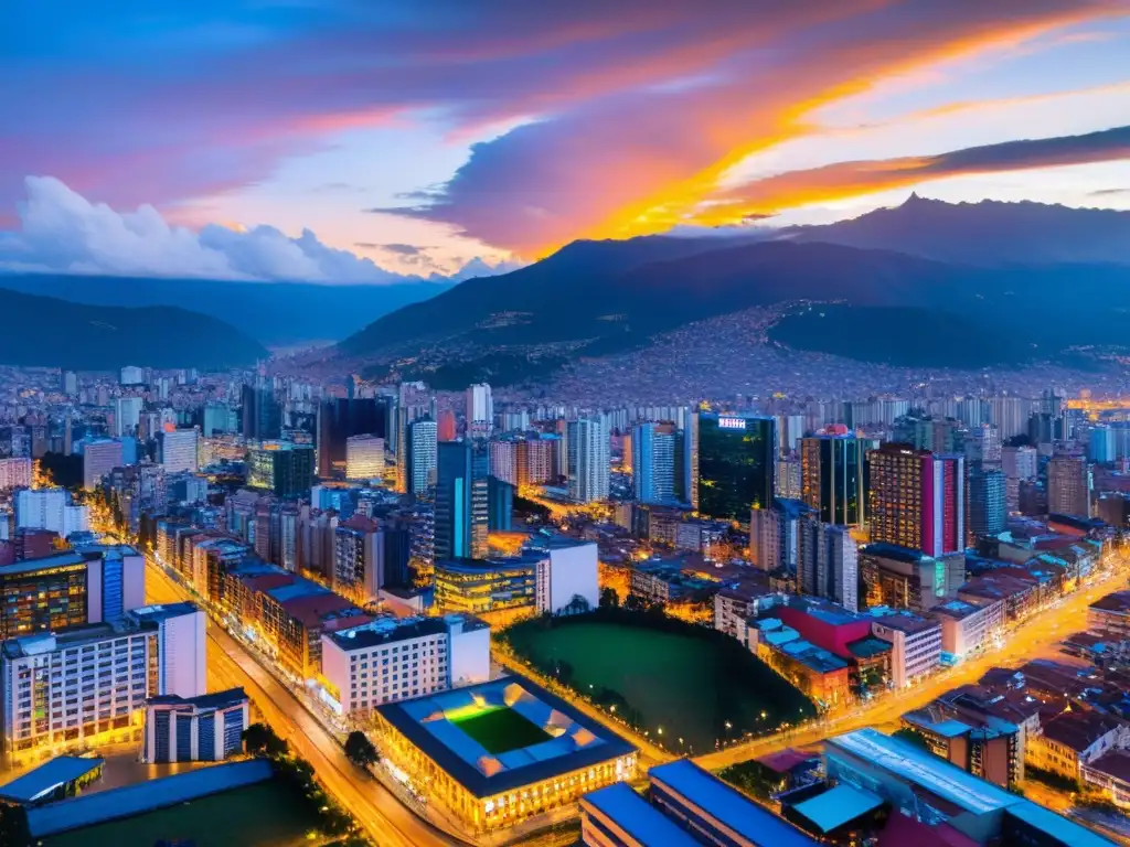 Espléndido atardecer en Bogotá: modernidad y vitalidad urbana Vista panorámica de Bogotá al atardecer, mostrando la moderna arquitectura urbana iluminada y el cielo colorido