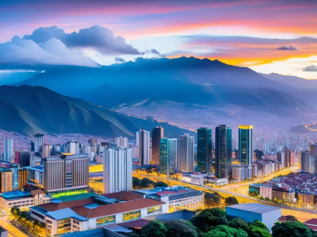 Horizonte de Bogotá al atardecer: vibrante ciudad y modernos rascacielos Vista panorámica de Bogotá al atardecer con modernos rascacielos iluminados